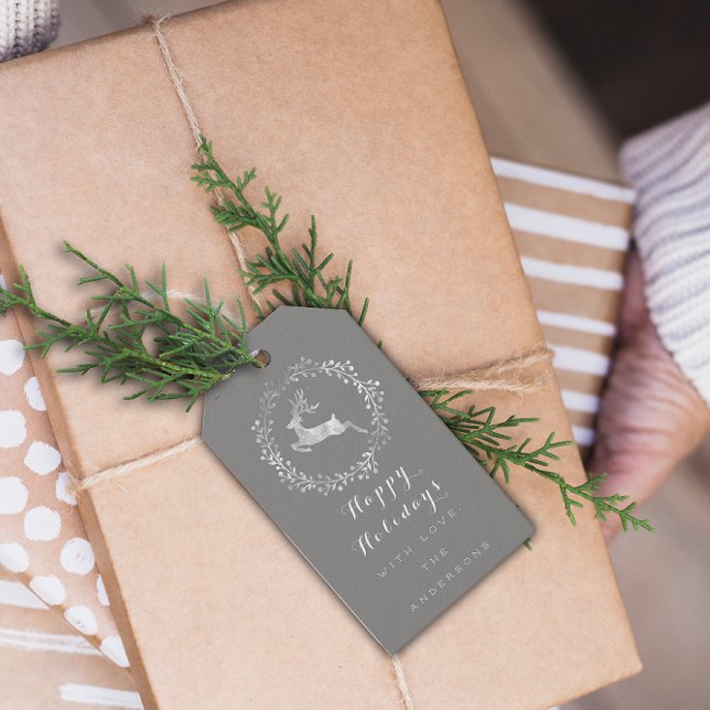 Glad helg Utandning Joy Grått Grått White Hjort Presentetikett (Happy Holidays Wreath Joy Gray Grey White Deer Gift Tags)