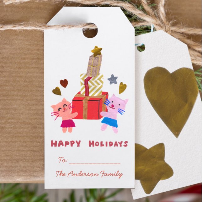 Glad helg vackra katter och presenter vita presentetikett (Skapare uppladdad)