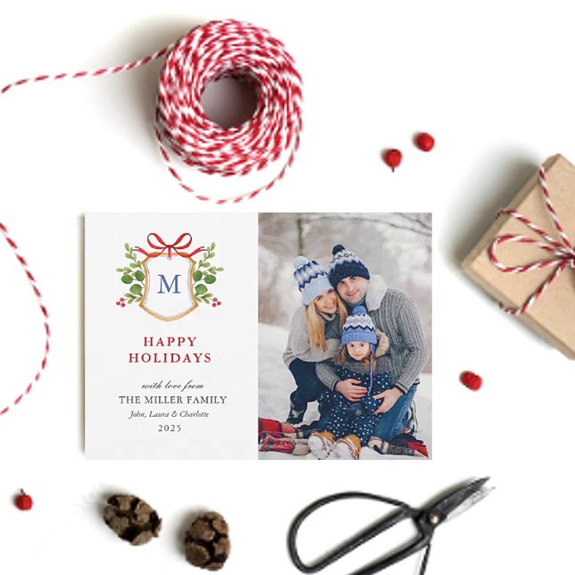 Glad helg vapensköld med grönt Monogram-foto Julkort (Skapare uppladdad)