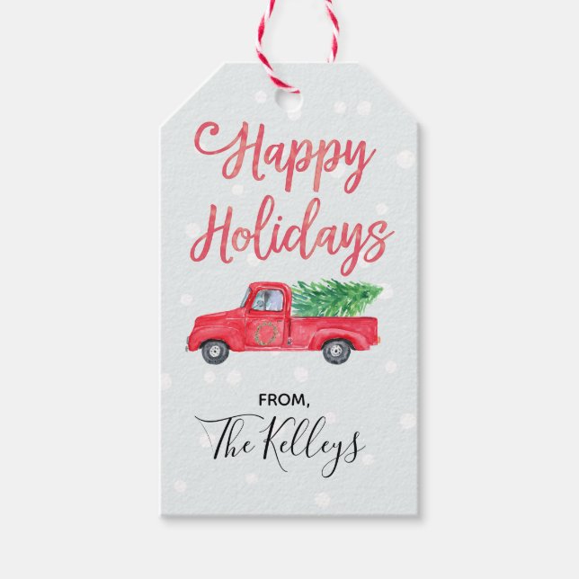 Glad helg | Vattenfärg Retro Red Lastbil Presentetikett (Framsidan)