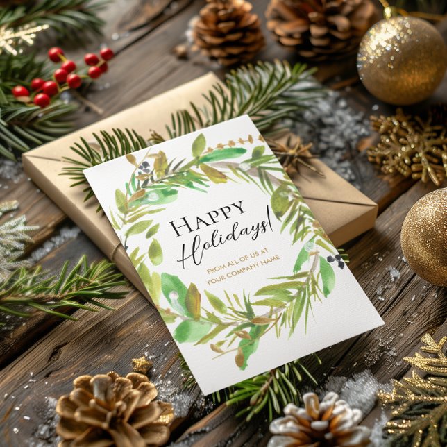 Glad helg Vattenfärgsutandning korprat Julafton Julkort (Professional, non denominational Happy Holidays watercolor wreath corporate Christmas card)