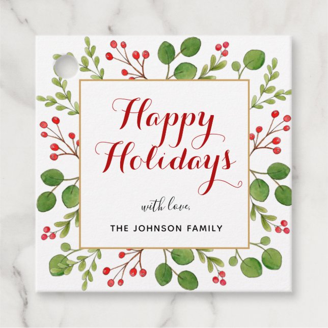 Glad helg Vattenskärg vintergrön kvadrat Gåvor Etiketter (Framsida)