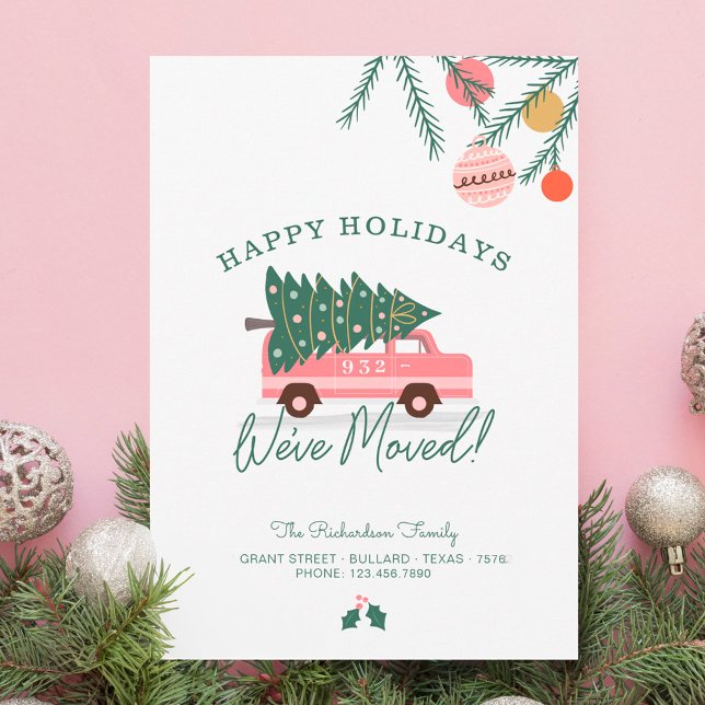Glad helg Vi har flyttat Rosa Van Julgran Julkort (Happy Holidays We've Moved Pink Van Christmas Tree Holiday Card)