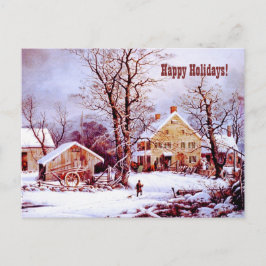 Glad helg. Vintage Farm Winter Scene Helg Vykort