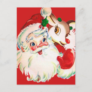 GLAD HELG Vintage Santa & Rudolph Vykort
