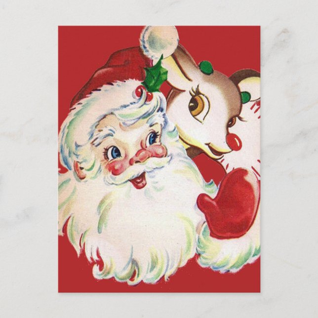 GLAD HELG | Vintage Santa & Rudolph Vykort (Framsida)