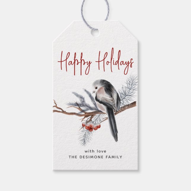 Glad helg Watercolor Winter Bird Red Gift Märkre Presentetikett (Framsidan)