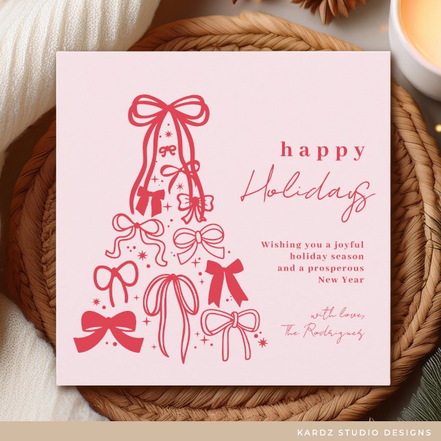 Glad helg Whimsique Bow Rosa Red Julkort (Holiday card shown in 5.25 inches, squared. Personalize and choose paper and corner style or digital)
