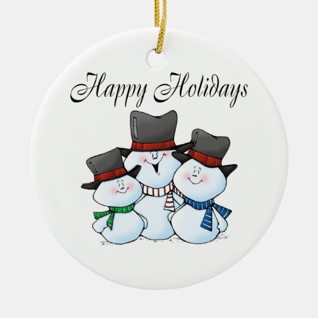 Glad helgsnögubbefamilj julgransprydnad keramik (Framsidan)