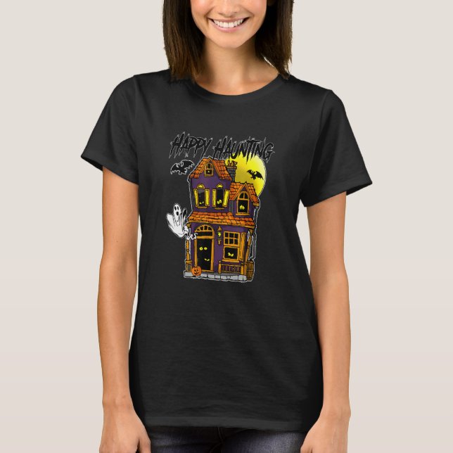 Glad hemsökelse Halloween Spöken Fladdermöss Måne  T Shirt (Framsida)