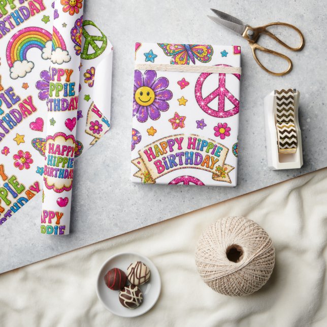 Glad Hippie Födelsedagspresentinslag Färgglad Tjej Presentpapper (Hantverk)