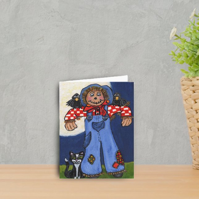 Glad höstfågelskrämma-kort kort (Cute scarecrow with cat and black crows under full moon on notecards.)