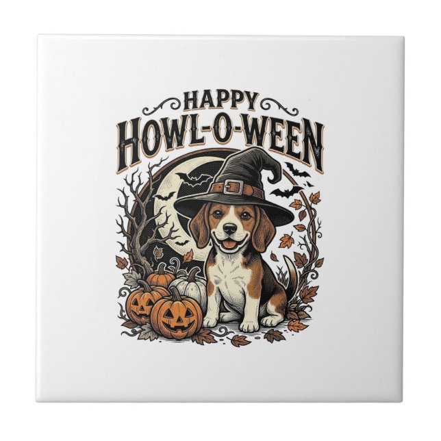 Glad Howl-O-Ween Beagle Häxhatt Halloween Tröja Kakelplatta (Framsidan)
