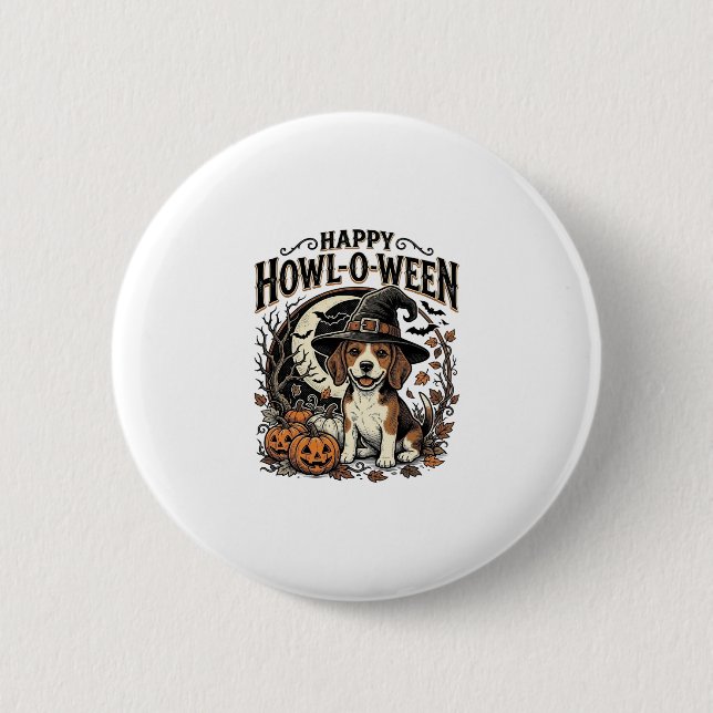 Glad Howl-O-Ween Beagle Häxhatt Halloween Tröja Knapp (Framsida)