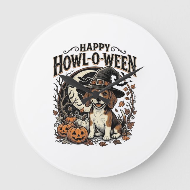 Glad Howl-O-Ween Beagle Häxhatt Halloween Tröja Stor Klocka (Framsida)