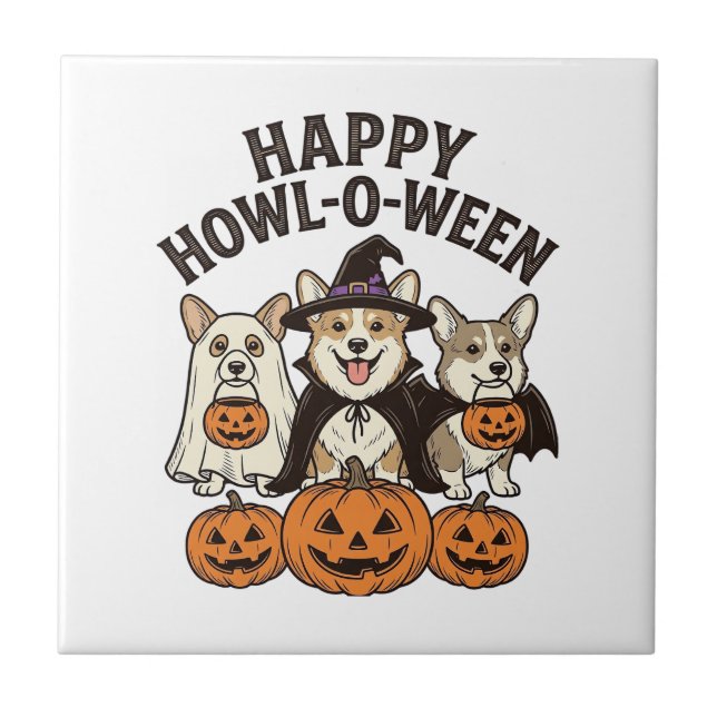 Glad Howl-O-Ween Corgi Halloween Hund Vektor Desig Kakelplatta (Framsidan)