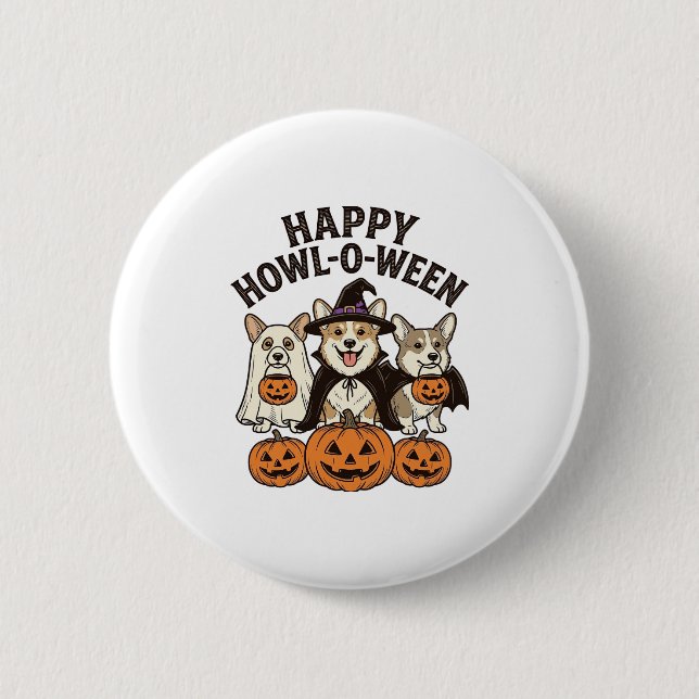 Glad Howl-O-Ween Corgi Halloween Hund Vektor Desig Knapp (Framsida)