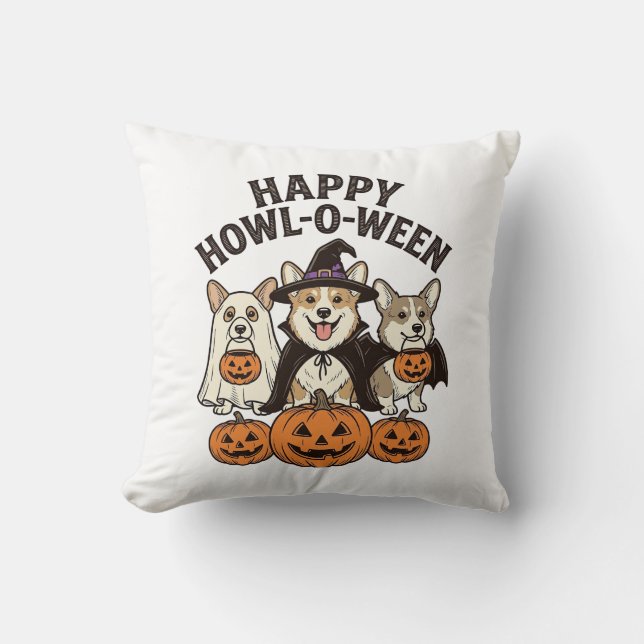 Glad Howl-O-Ween Corgi Halloween Hund Vektor Desig Kudde (Framsida)