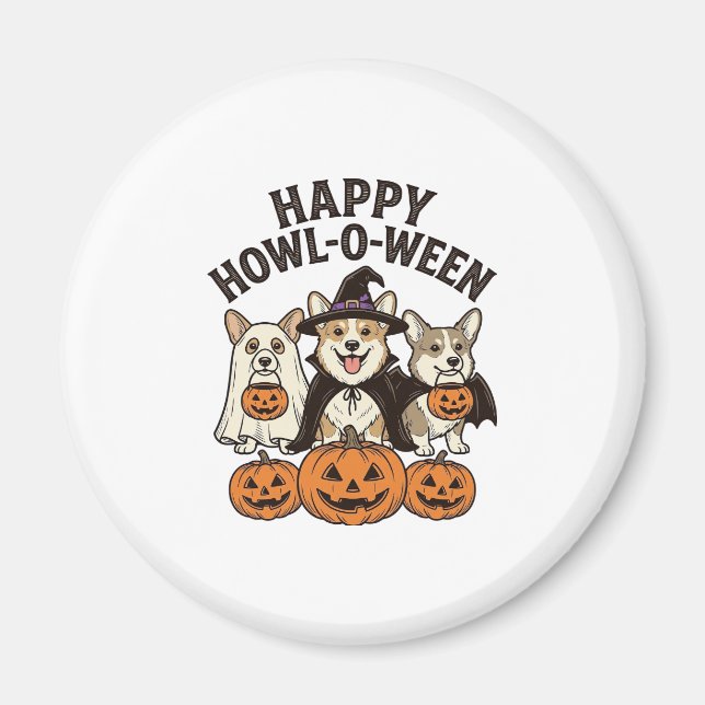 Glad Howl-O-Ween Corgi Halloween Hund Vektor Desig Magnet (Framsidan)