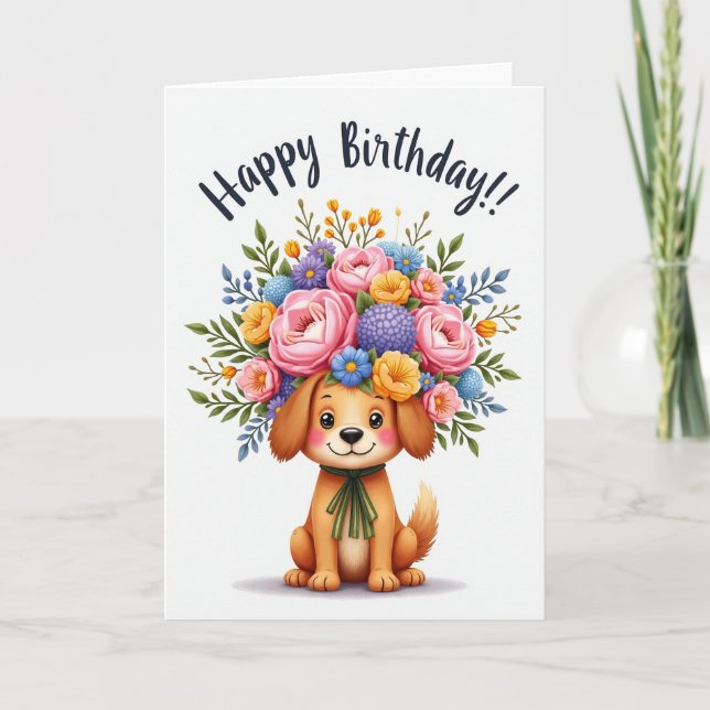 Glad Hund Blommig FödelsedagsKort Kort (Framsida)
