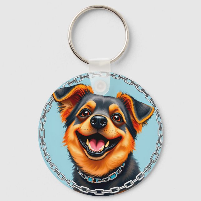 Glad Hund Färgrik Digital Illustration Nyckelring (Framsida)