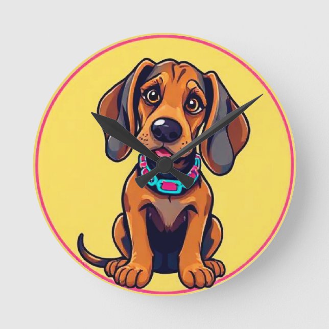 Glad Hund Färgrik Tecknad Illustration Rund Klocka (Framsida)