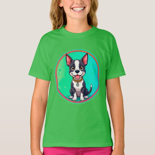 Glad Hund Färgrik Tecknad Illustration T Shirt (Framsida)