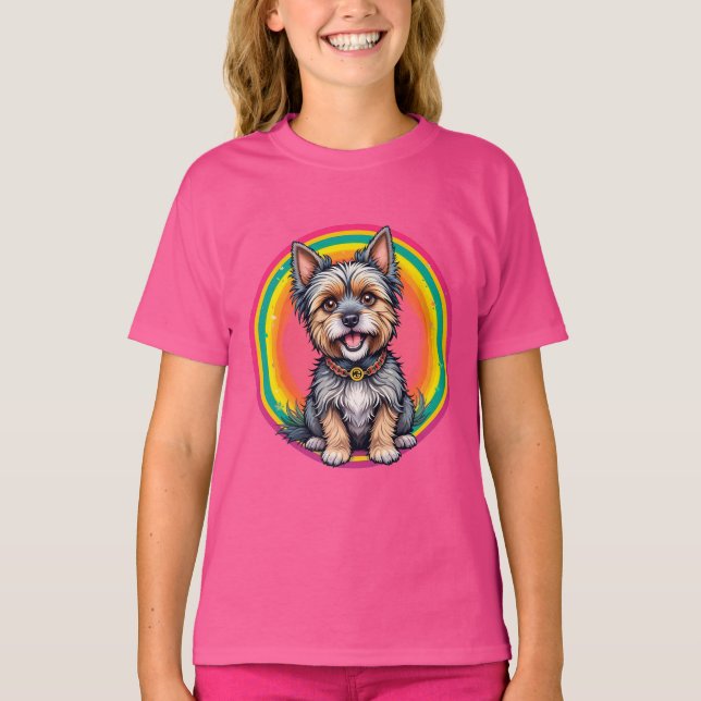 Glad Hund Färgrik Tecknad Illustration T Shirt (Framsida)