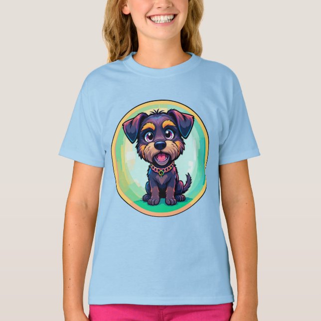 Glad Hund Färgrik Tecknad Illustration T Shirt (Framsida)