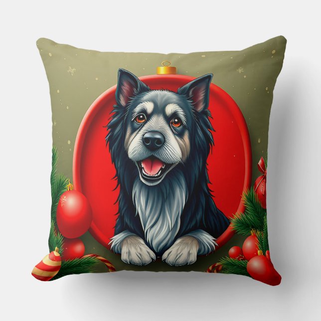 Glad hund i festlig julprydnad kudde (Framsida)