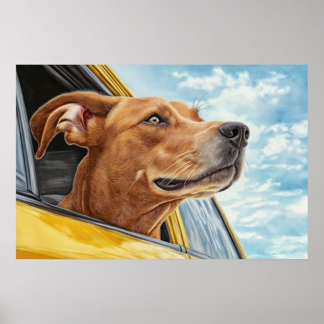 Glad Hund i Gul Bil Konsttryck Poster (Framsidan)