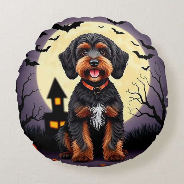 Glad hund i Halloween-tema Rund Kudde (Framsidan)
