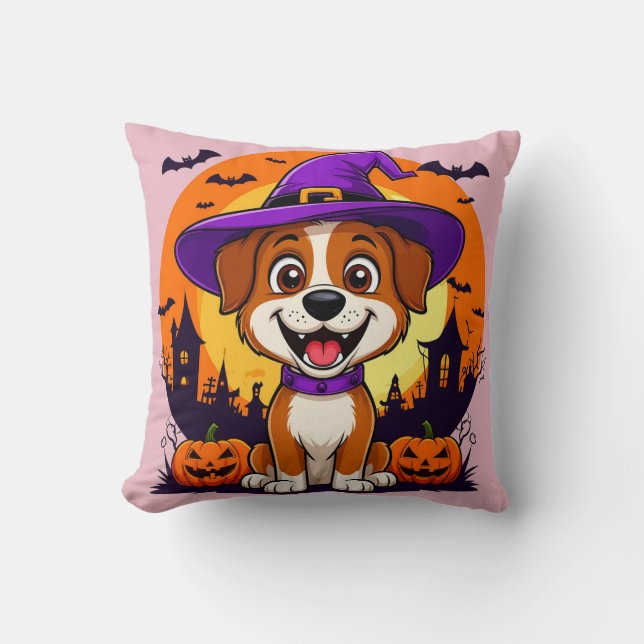 Glad hund klädd som häxa blandad Halloween Kudde (Framsida)