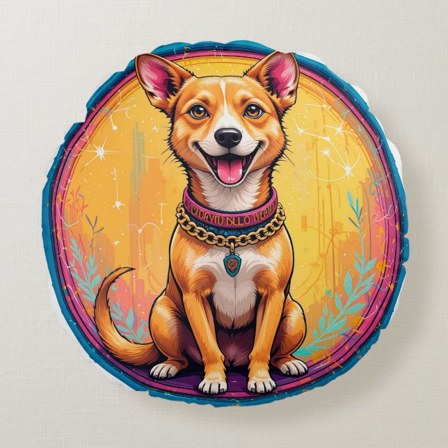 Glad Hund Med En Färgrik Halsband Rund Kudde (Framsidan)