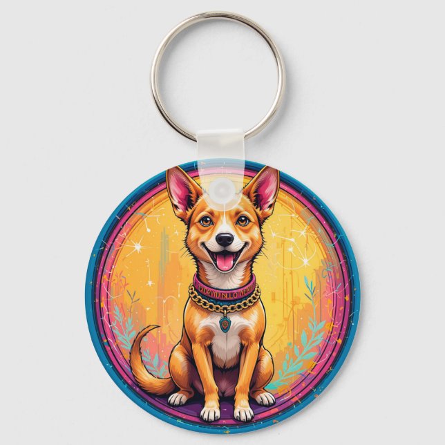 🐶 Glad Hund Med Färgglatt Halsband För Vardagsbru Nyckelring (Framsida)