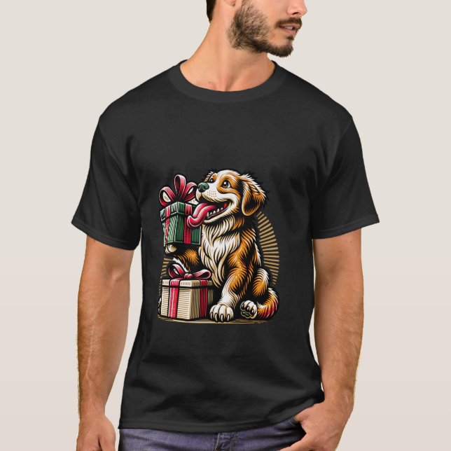Glad Hund med Paket Jul T Shirt (Framsida)