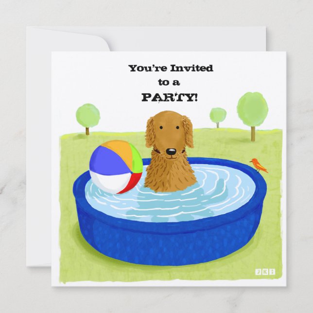 Glad Hund Poolparty | Söt Golden Retriever Inbjudningar (Framsida)