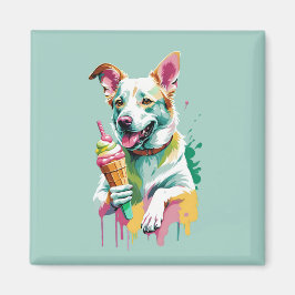 Glad hund som äter en glass magnet