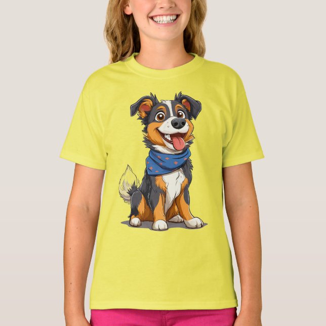 Glad hund som bär en blå bandana t shirt (Framsida)