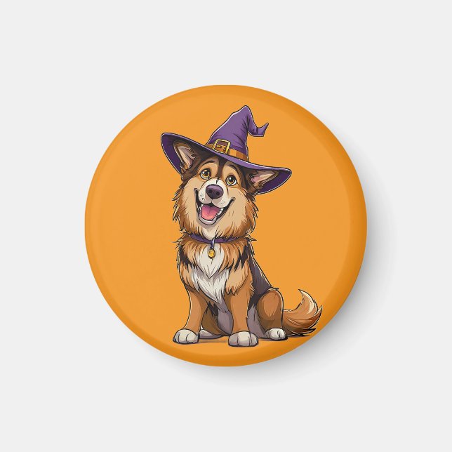 Glad hund som bär en häxhatt magnet (Framsidan)