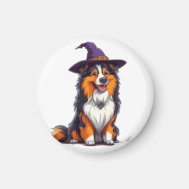 Glad hund som bär en häxhatt magnet (Framsidan)