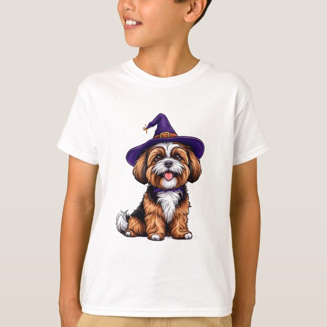 Glad hund som bär en häxhatt t shirt (Framsida)