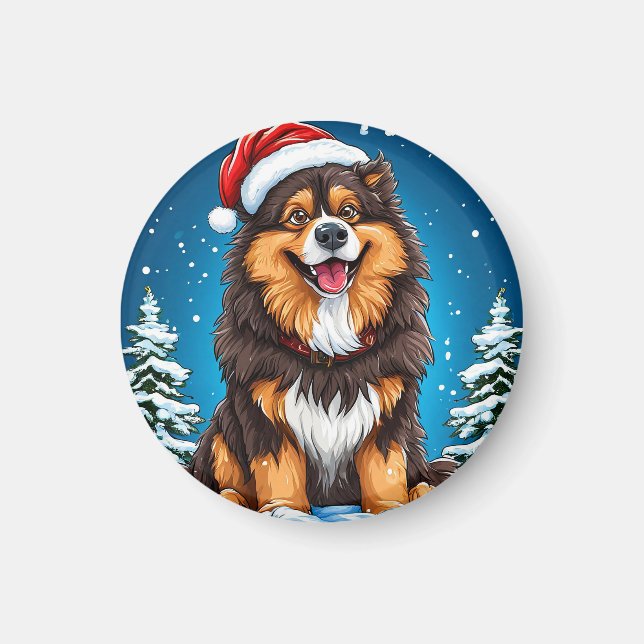 Glad hund som bär tomteluva magnet (Framsidan)
