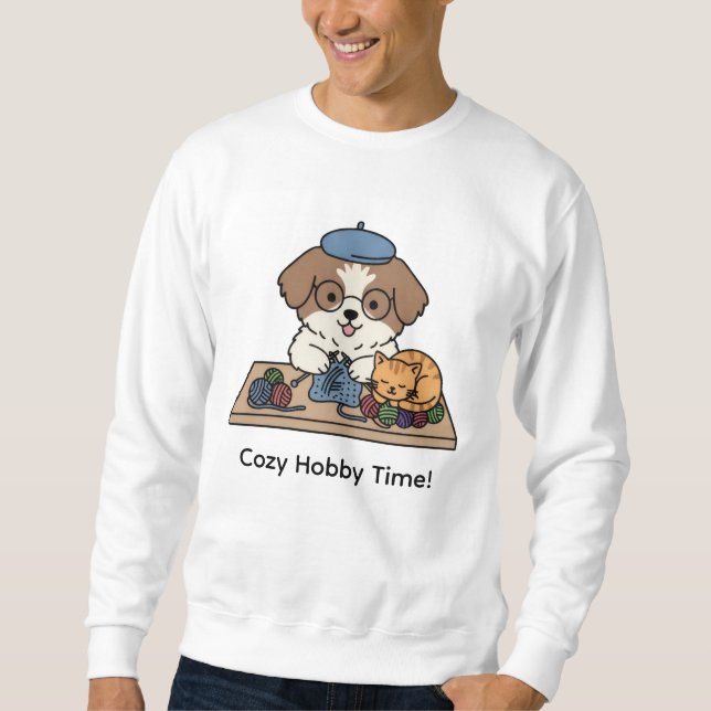 Glad Hund Stickar Mysig Hobbytid Grafik Lång Ärmad Tröja (Framsida)