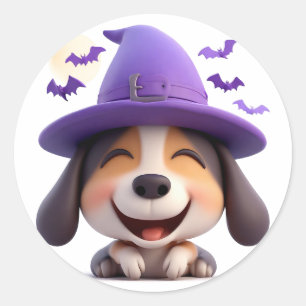 Glad Hund Valp Häxhatt Halloween Tema Dekor Runt Klistermärke