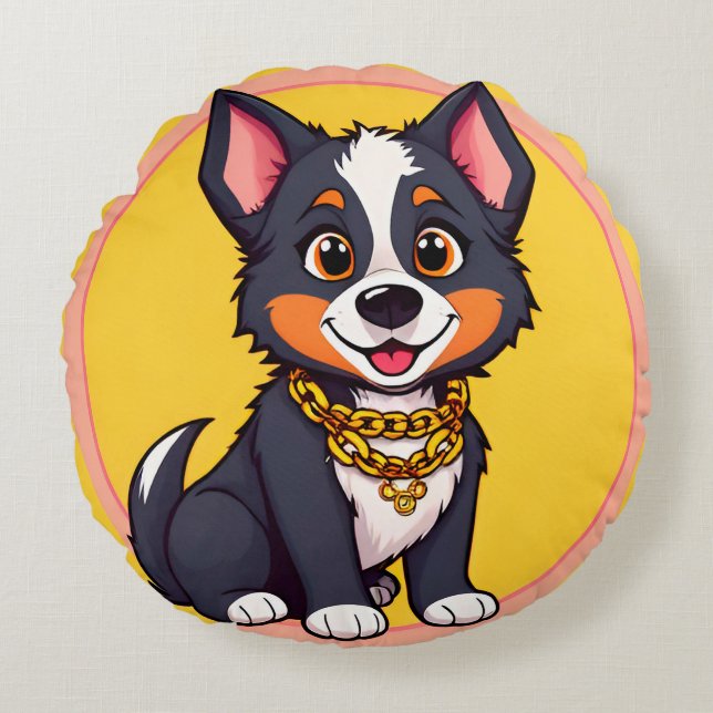 Glad Hundserieillustration Rund Kudde (Framsidan)