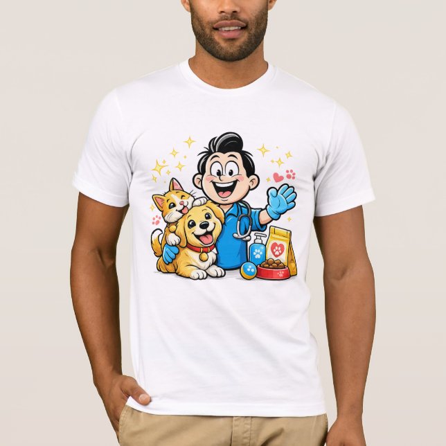 Glad Husdjur Vård Maskot Söt Djur Tecknad Konst T Shirt (Framsida)