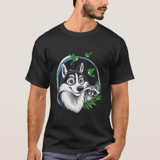 Glad Husky med Tvättbjörn och Kolibrier T Shirt