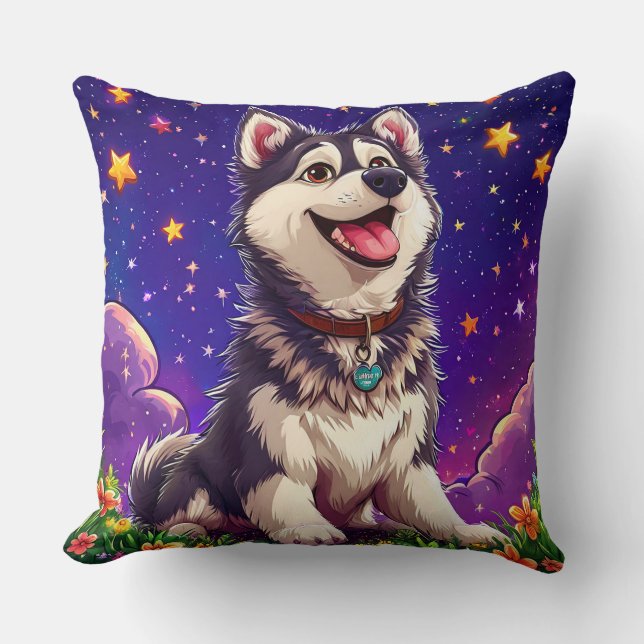 Glad Husky Mot Stjärnhimmel Kudde (Framsida)