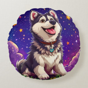 Glad Husky Mot Stjärnhimmel Rund Kudde